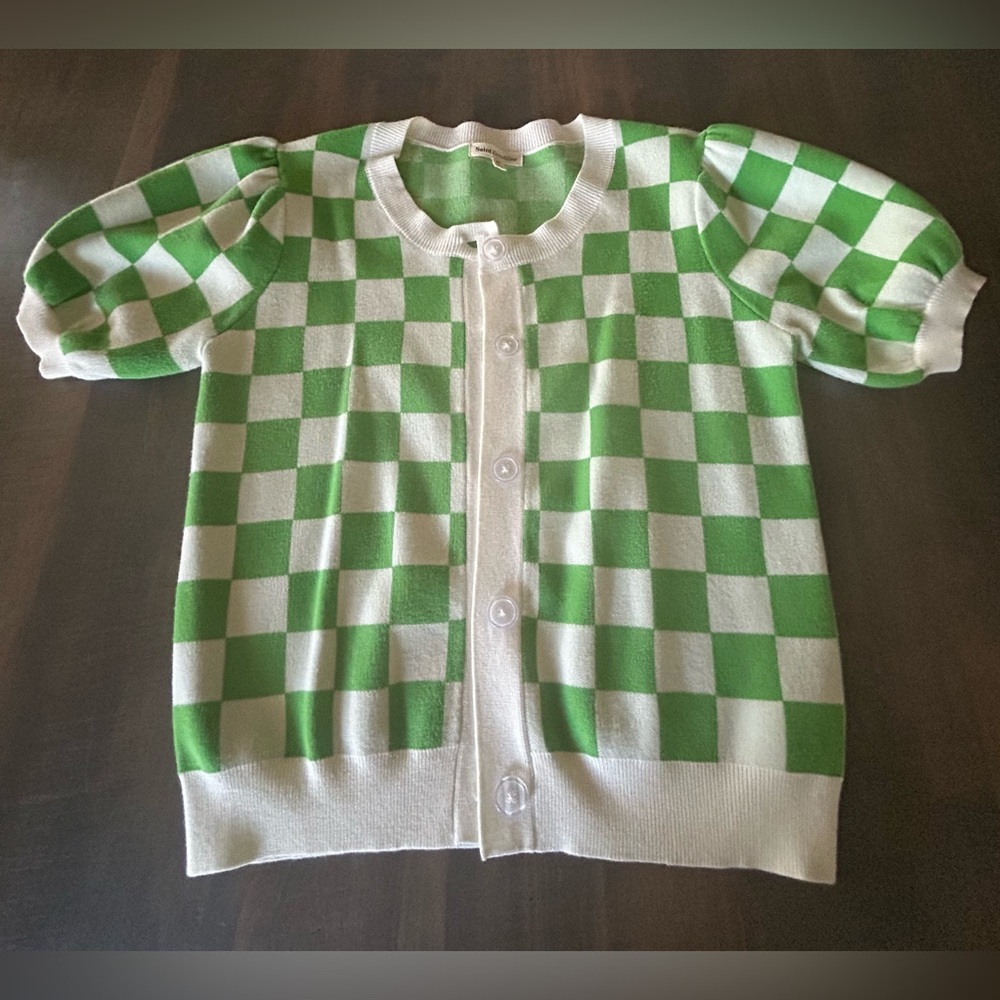 Anthropologie Saint Geraldine Green and White Checkered Cardigan
